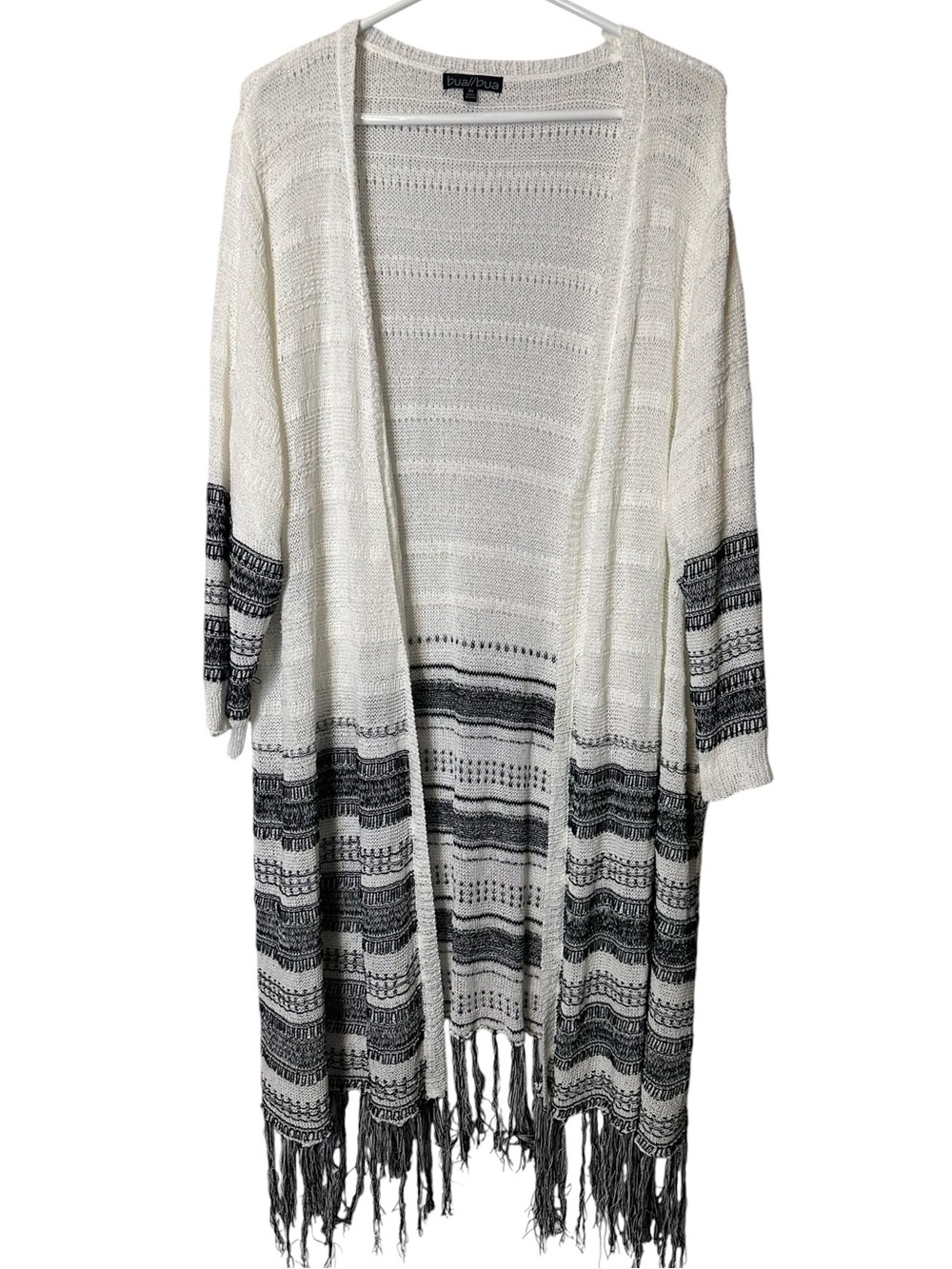 Bua//Bua Boho Fringe Duster Cardigan 3X Cream Black Open Knit Festival Grunge